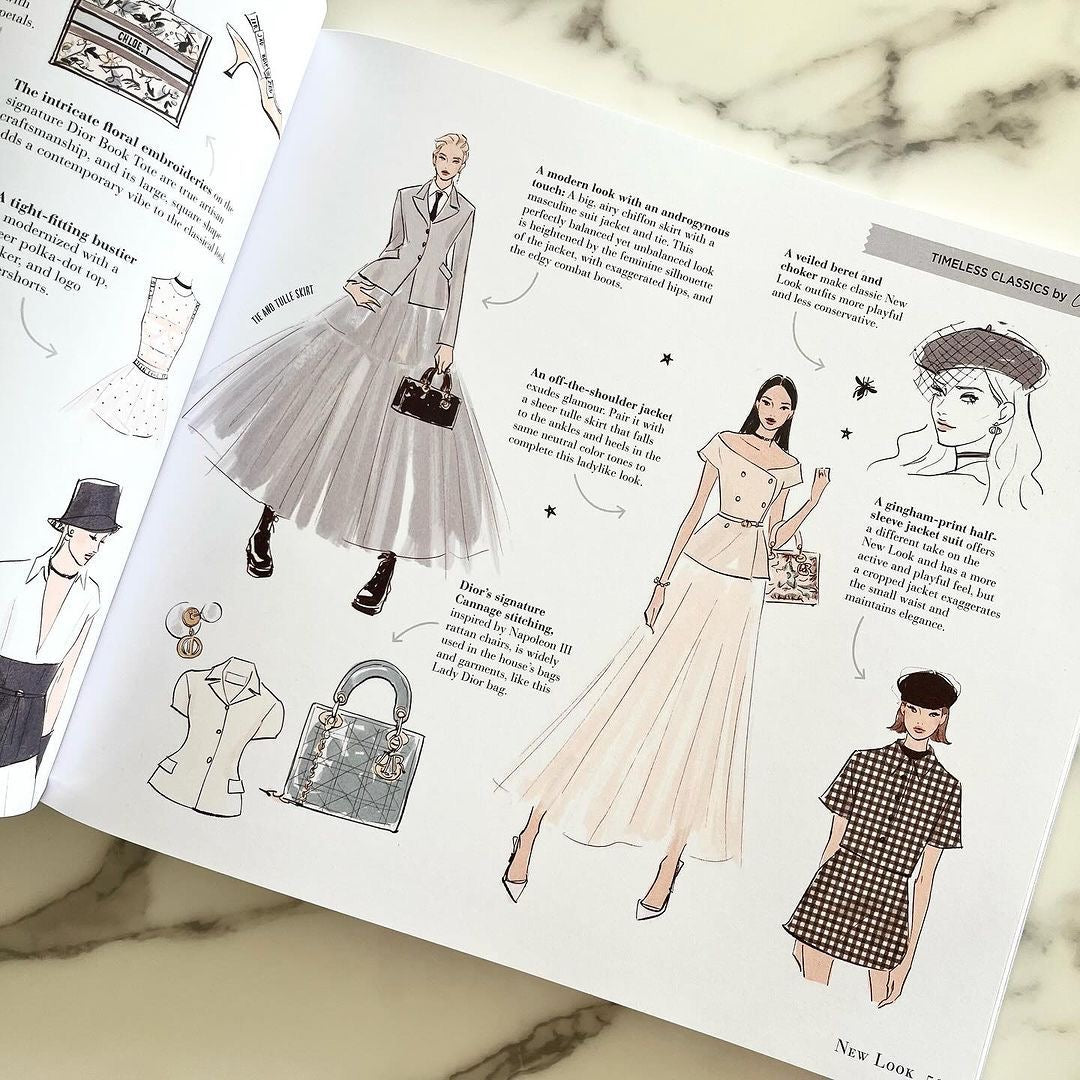 Vintage fashion illustration magazine page showing elegant dress designs and accessories, Lotus & Rose style inspiration.
