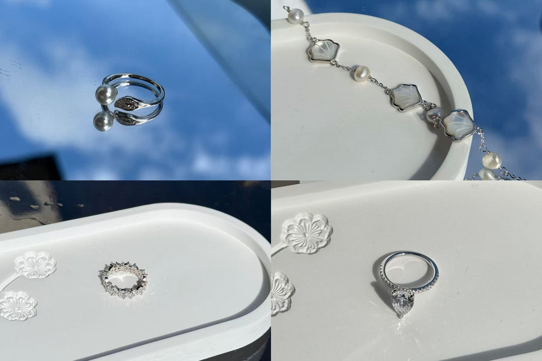 Lotus & Rose silver jewellery collection featuring freshwater pearl open ring, mother-of-pearl bracelet, floral eternity band, and teardrop solitaire ring.