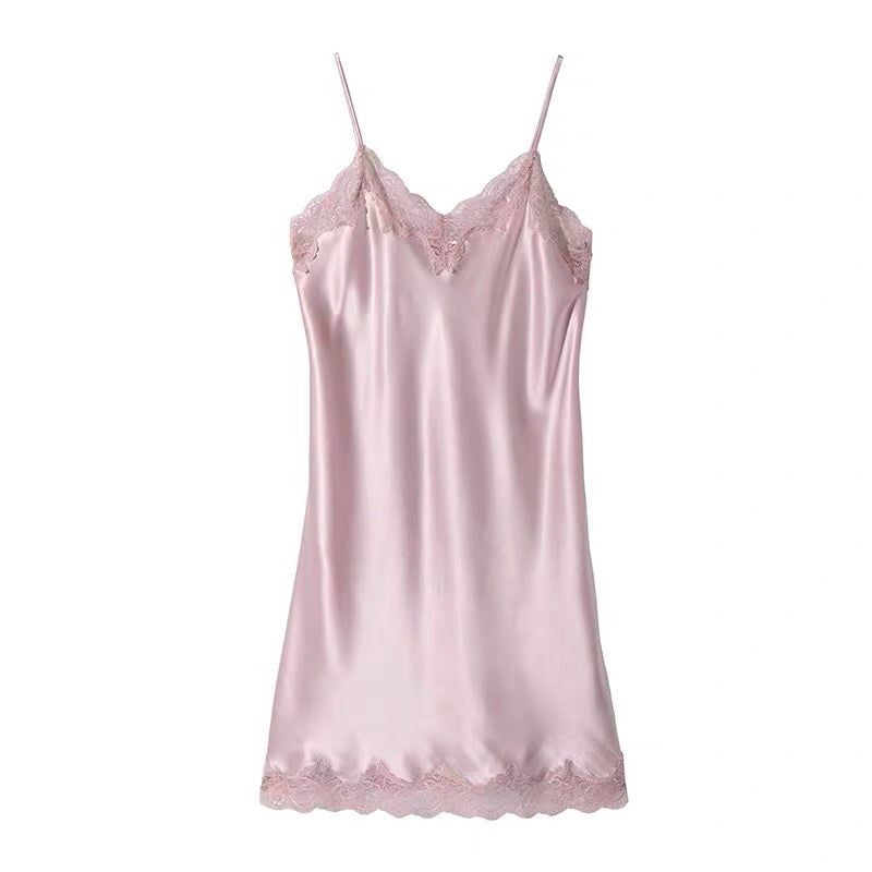 Blush pink 100% mulberry silk slip dress with lace trim – front view