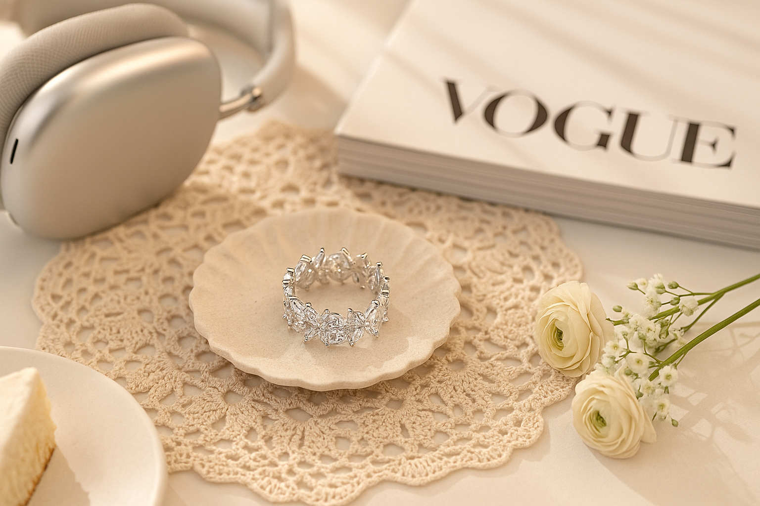 Dainty silver cluster ring with floral-inspired design on lace background – elegant light luxury women’s jewellery