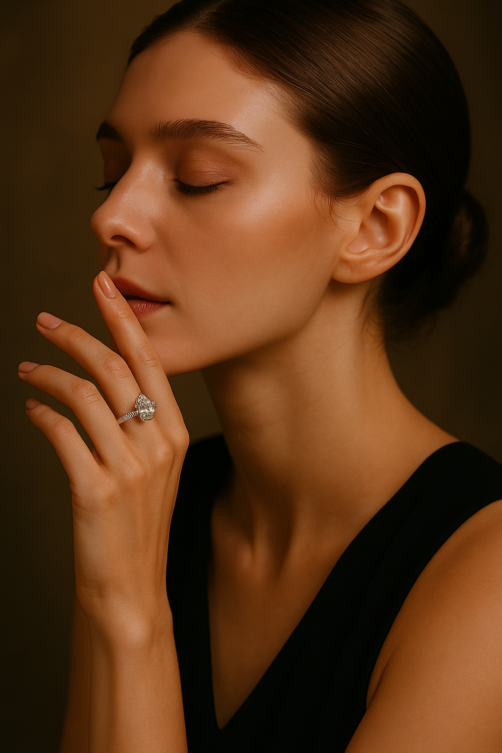 Elegant pear-cut sterling silver engagement ring on model’s hand – timeless light luxury jewellery