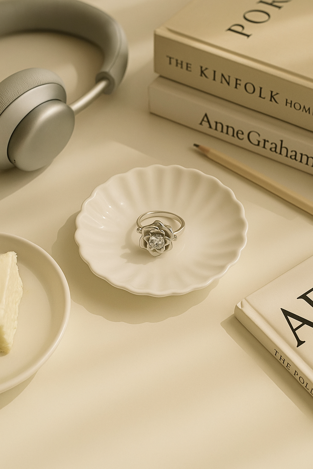 Elegant floral silver ring with diamond detail displayed on a ceramic plate, styled with books and headphones for a modern light-luxury aesthetic.