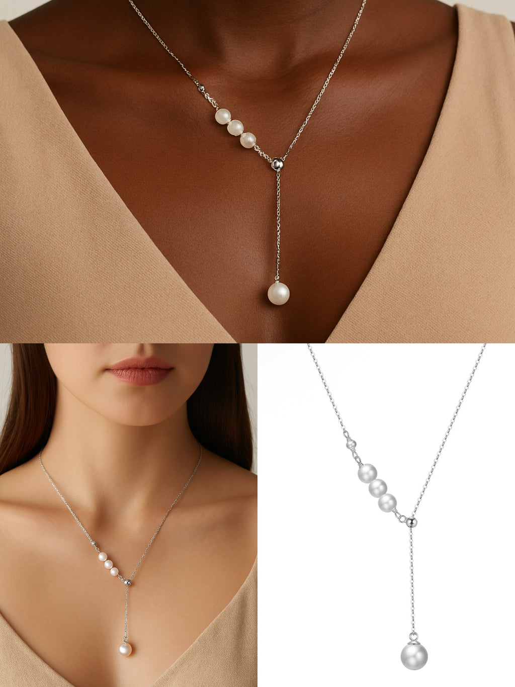 Elegant sterling silver Y-drop necklace with freshwater pearls – timeless light luxury jewellery for women
