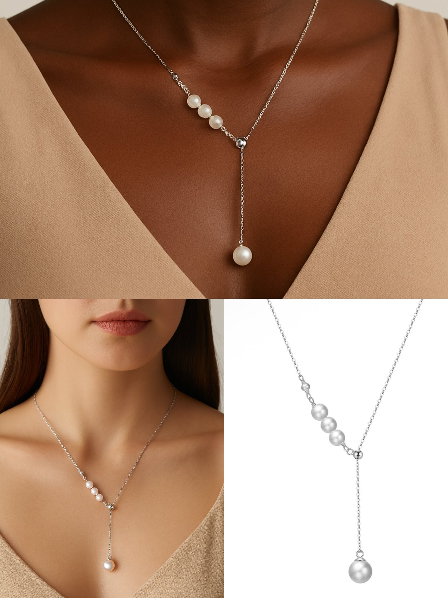 Elegant sterling silver Y-drop necklace with freshwater pearls – timeless light luxury jewellery for women