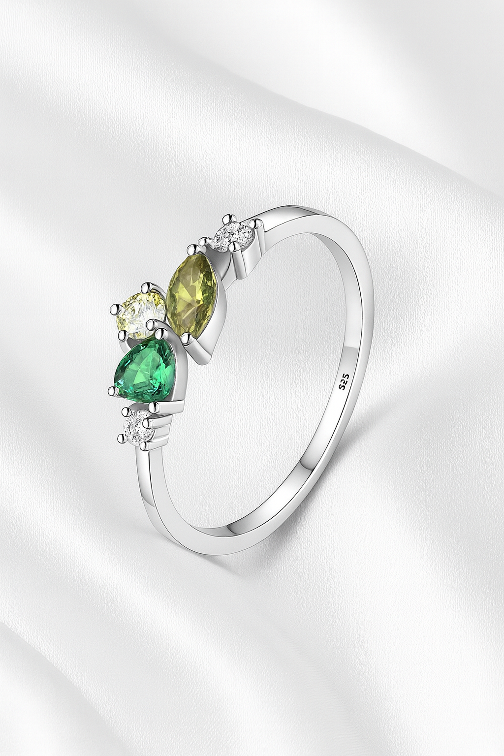 Unique gemstone silver ring with green and yellow stones – elegant small luxury jewellery