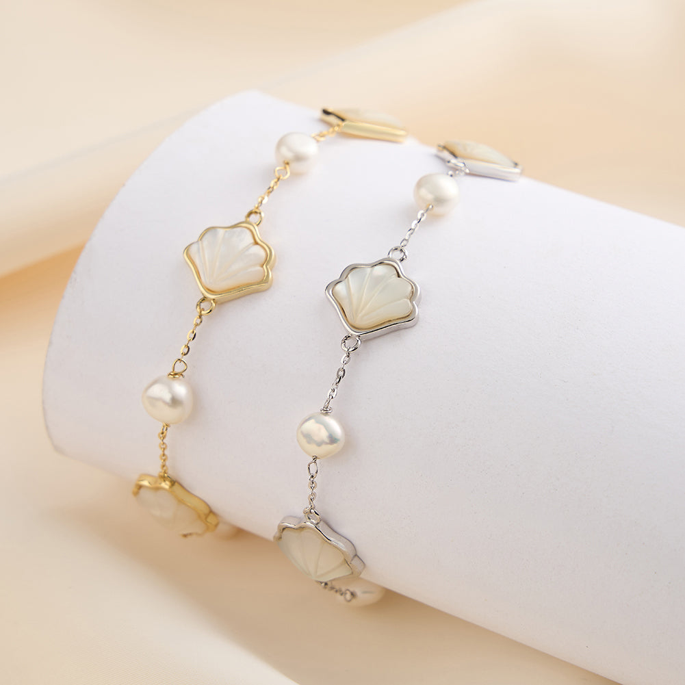 Elegant gold and silver pearl shell bracelets with freshwater pearls – timeless gift for her
