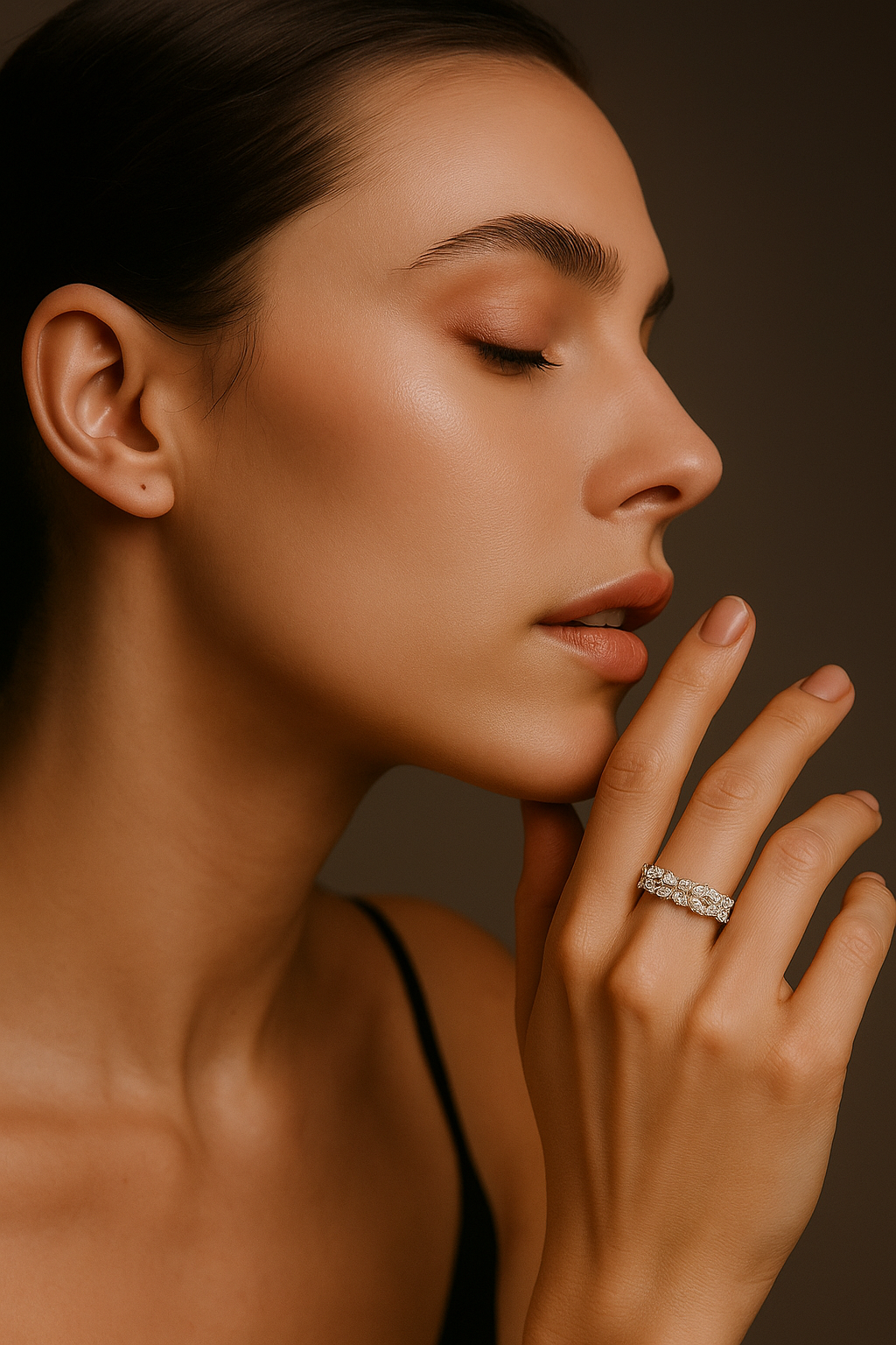Model wearing elegant silver cluster ring – timeless light luxury jewellery style for women