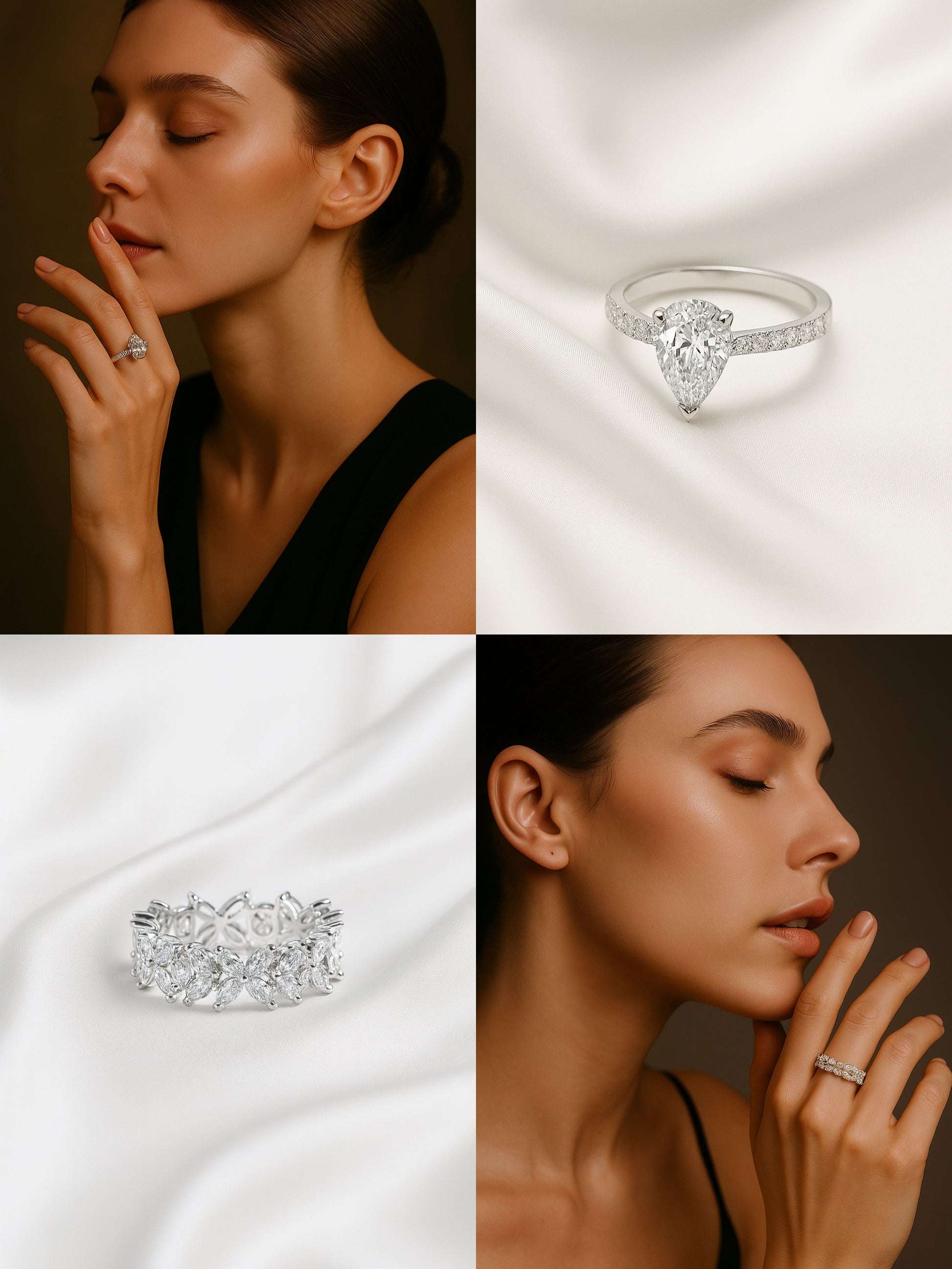 Collection of elegant sterling silver rings and engagement jewellery – pear cut ring, cluster ring, and light luxury designs on model