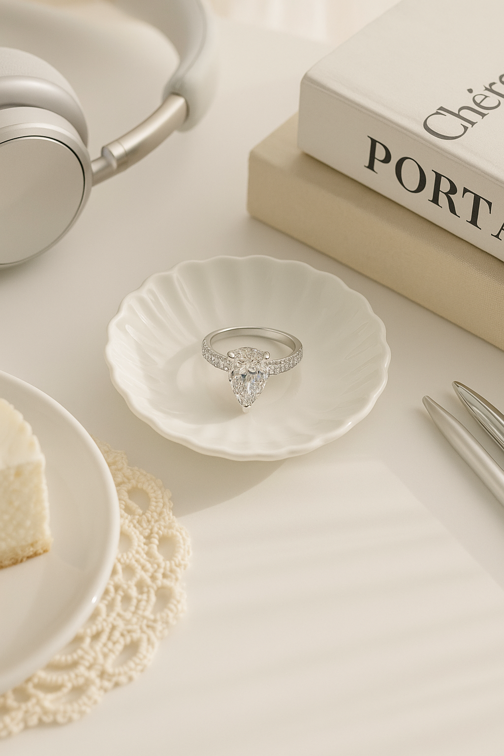Elegant pear-cut sterling silver engagement ring on ceramic dish – timeless light luxury jewellery styling