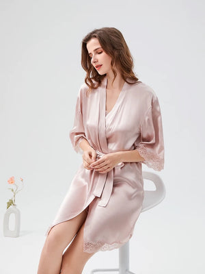 Elegant pink silk robe with lace trim, above-knee length – bridal and loungewear style