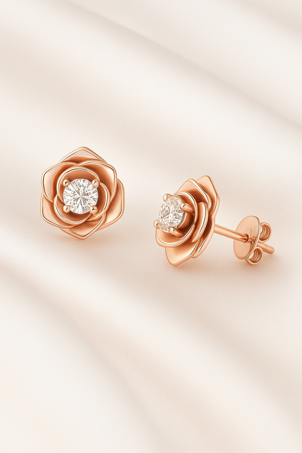 Rose gold flower earrings with diamond detail – feminine small luxury jewellery