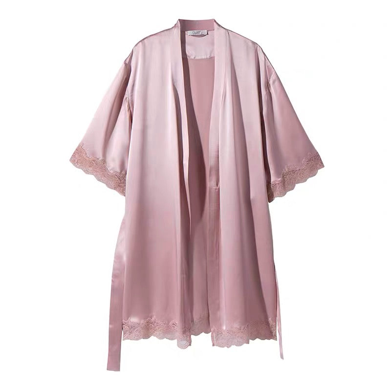 Vintage blush pink silk robe with lace trim, flat lay view – luxury silk bridal robe