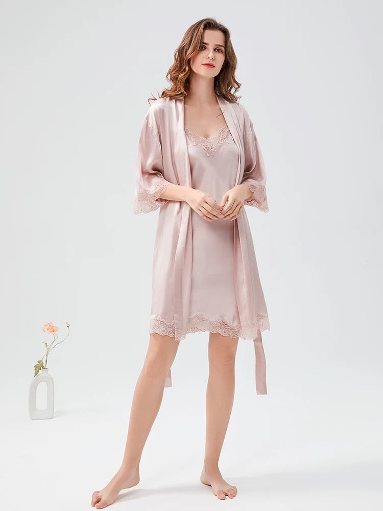 silk robe with matching slip set, luxury pink silk loungewear, bridal getting ready robe